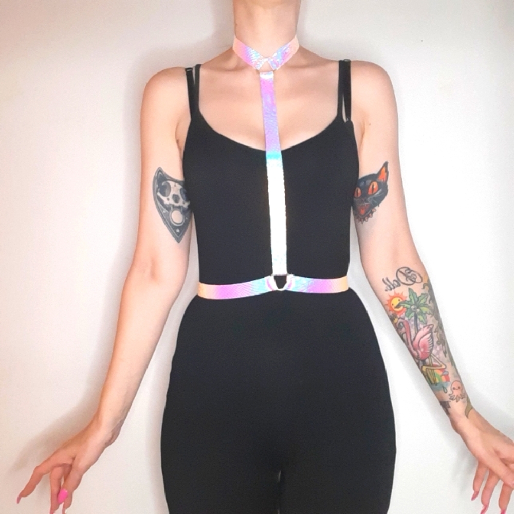 Pastel Iridescent Vinyl with Silver O-Ring Harness.